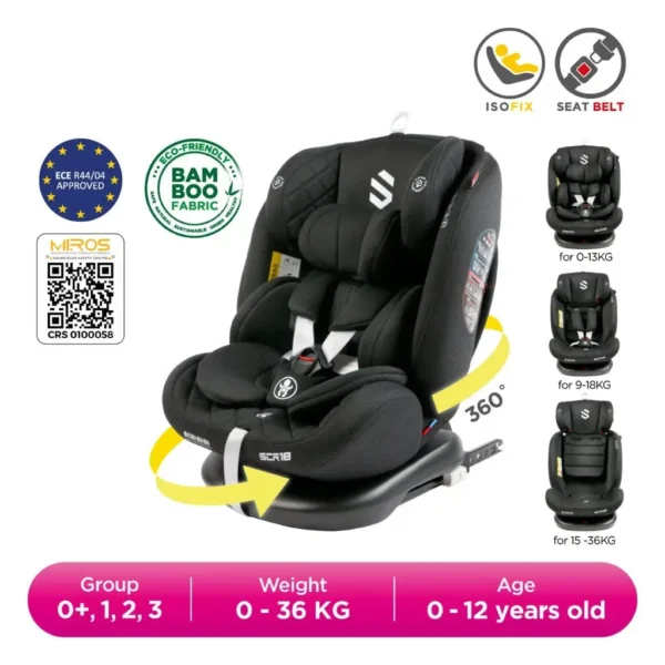 Sweet Cherry ISOFIX 360° Rotation Baby Car Seat Newborn to 12 years old Convertible ST3 SCR18 Car Seat Group 0+,1, 2, 3