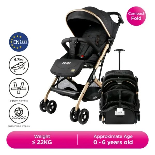 Sweet Cherry Luxury Gold Frame & Compact Folding Baby Stroller SC707 Neon Stroller with Pulling Rod Can Up To 22KG
